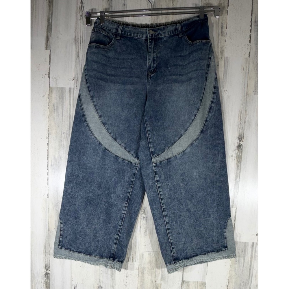 Shein Super Wide Leg Jeans 2XL Contrast Panel High Rise Acid Wash Grunge, Skater